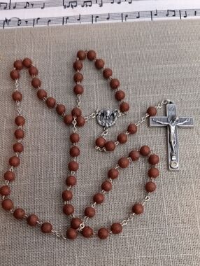 Brown Wood Beaded Rosary Necklace with Silver Crucifix Vintage Italy